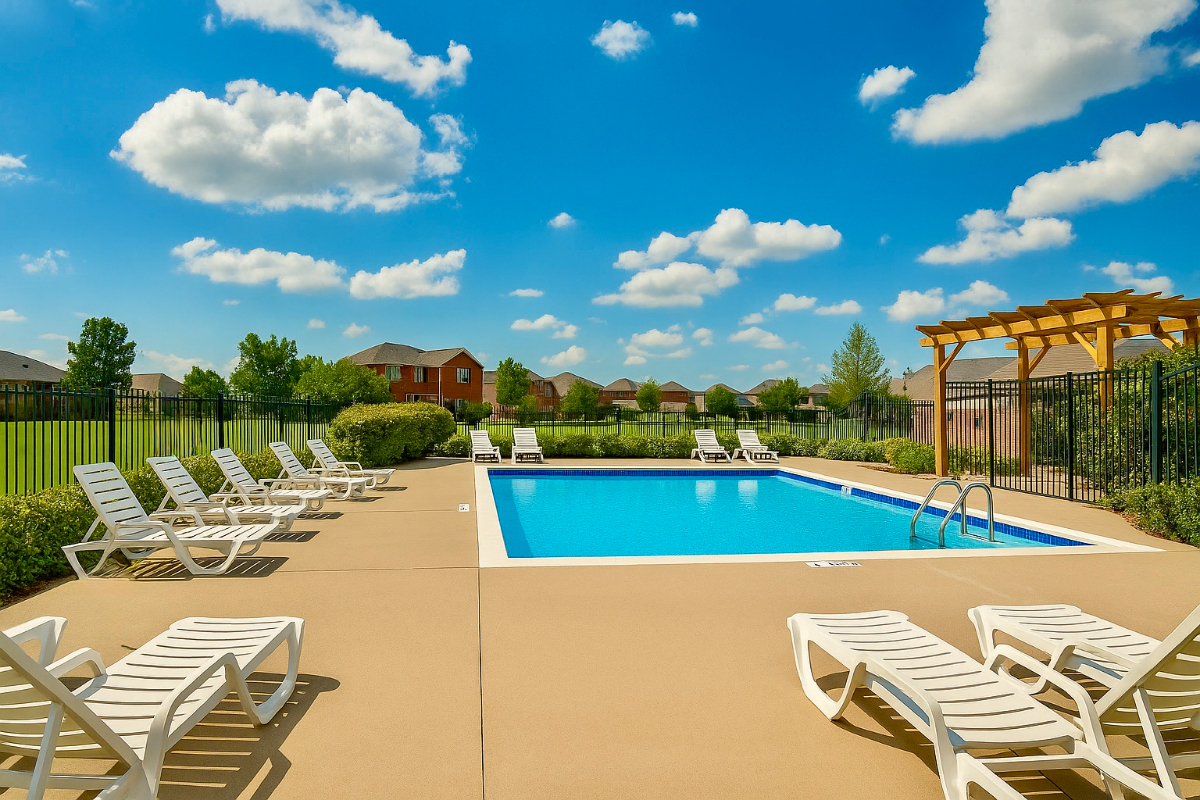 Community swimming pool with lounge chairs and pergola