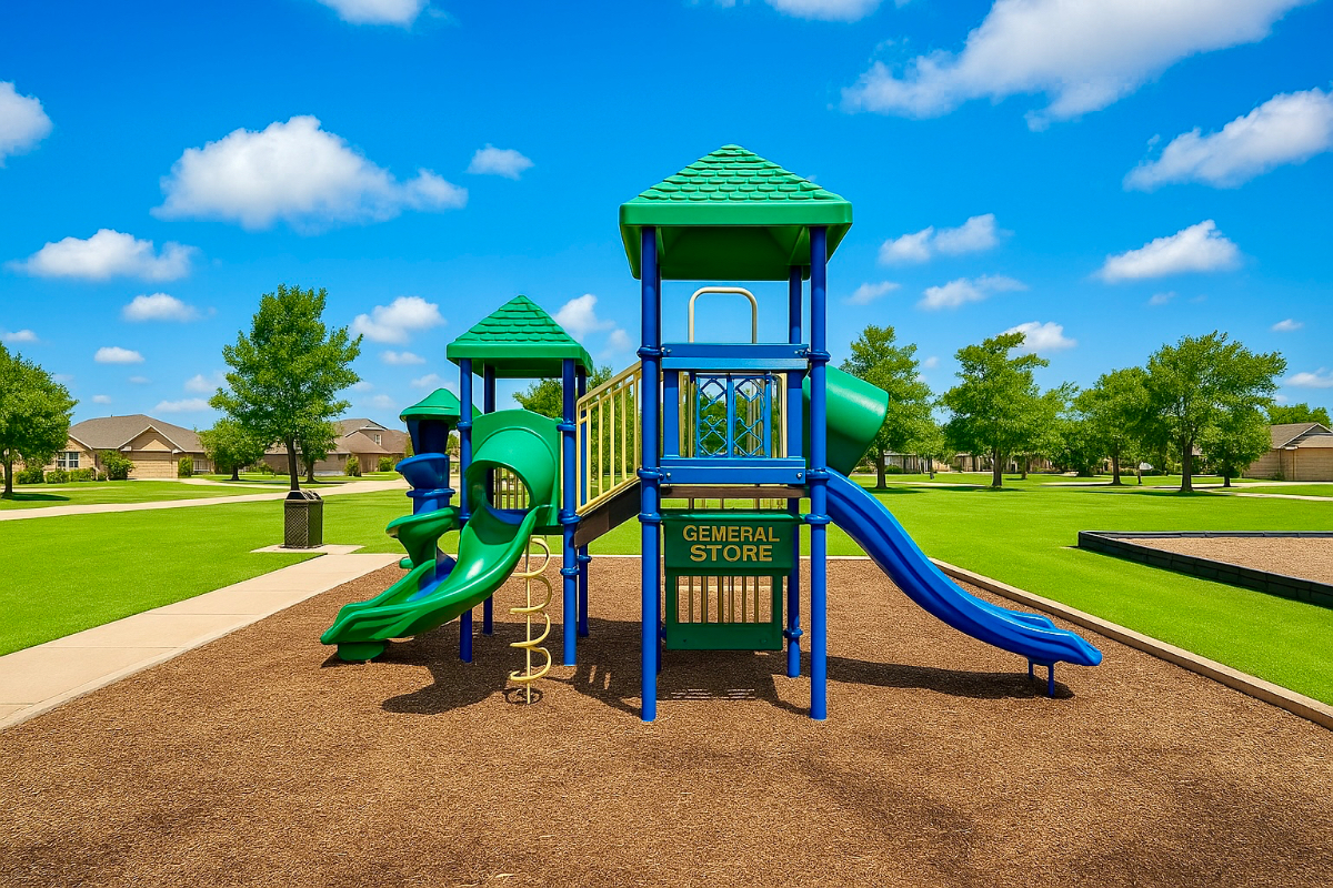 Neighborhood playground with slides on a sunny day