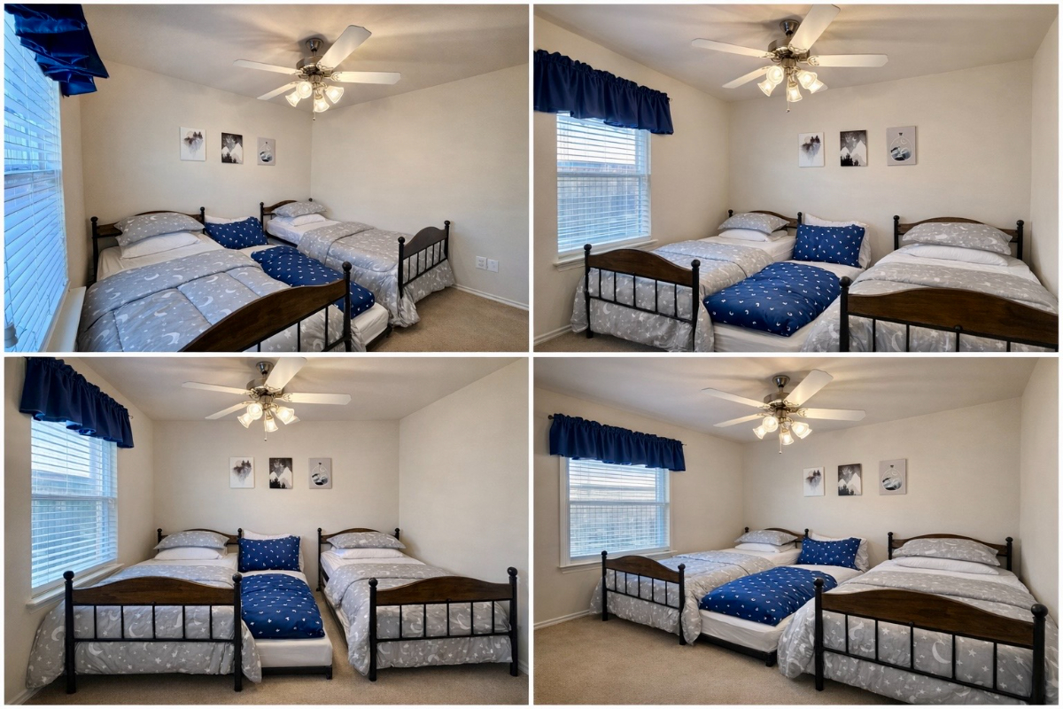 Collage of the twin bedroom from multiple angles